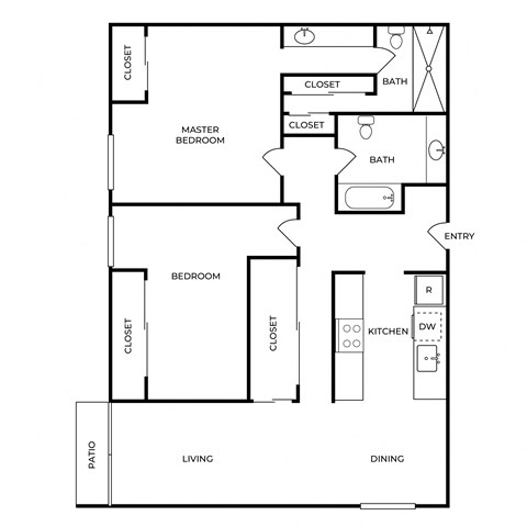 Floor plan for 2 beds, 2 baths, 1108 sqft